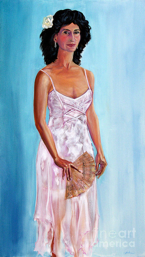 Woman in a White Dress Holding a Fan Painting by Asha Carolyn Young