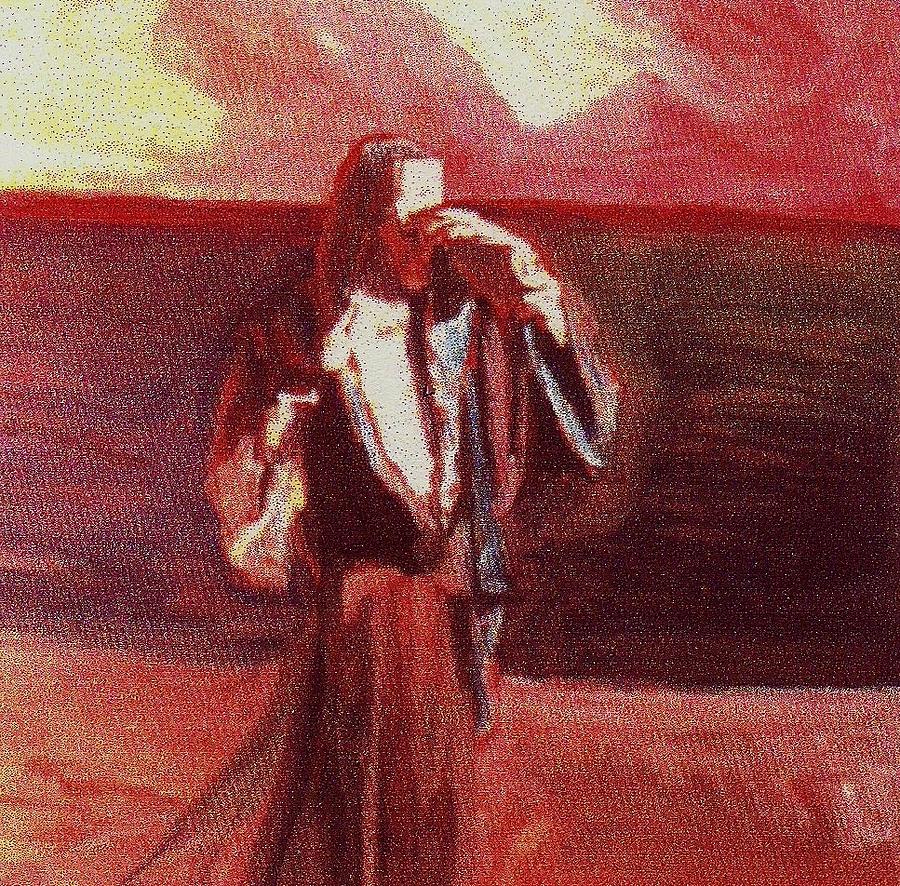 Woman In Blue Jacket On The Beach Painting