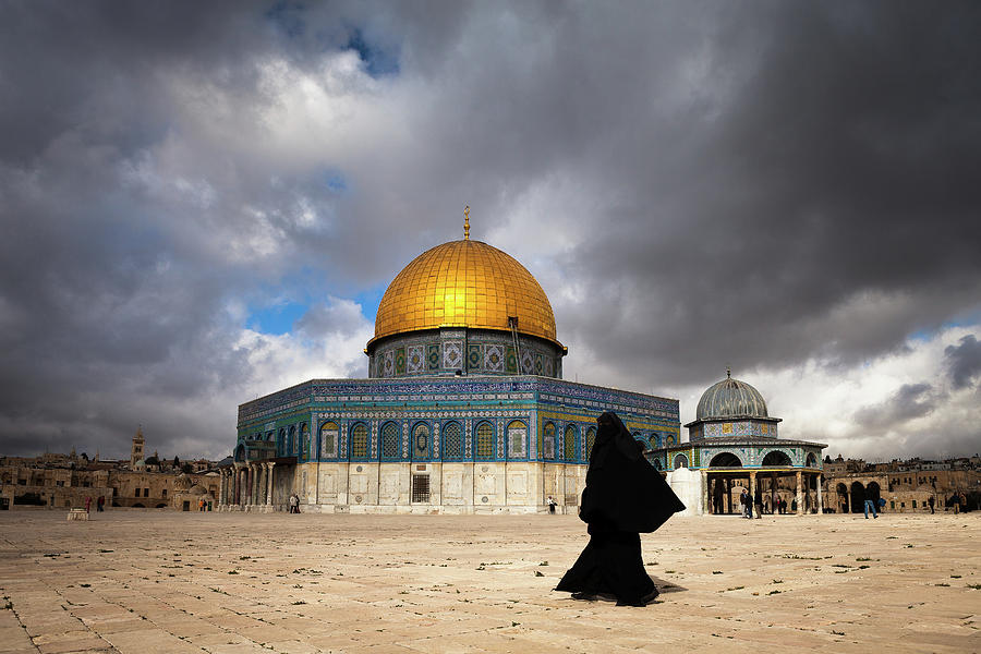 Woman In Burqa By Dome Of The Rock In Photograph by Marji Lang