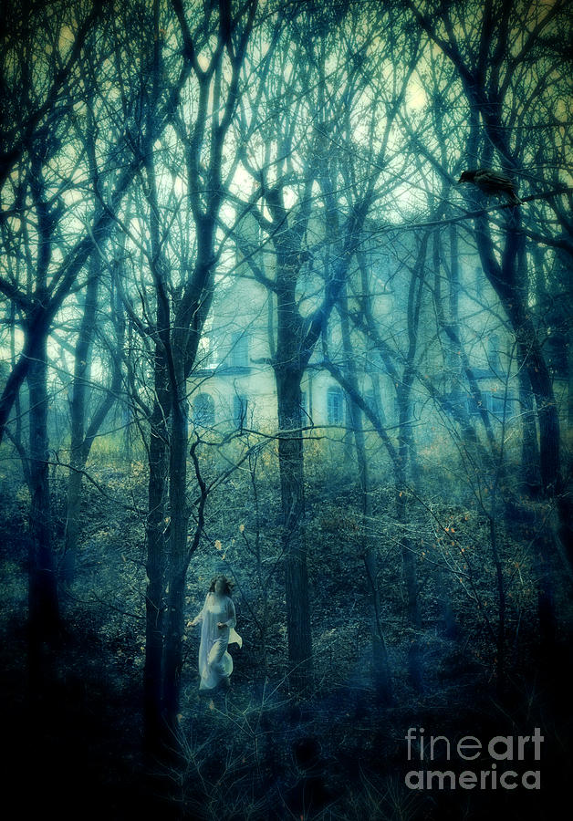 Fall Photograph - Woman in Nightgown Fleeing from Mansion by Jill Battaglia