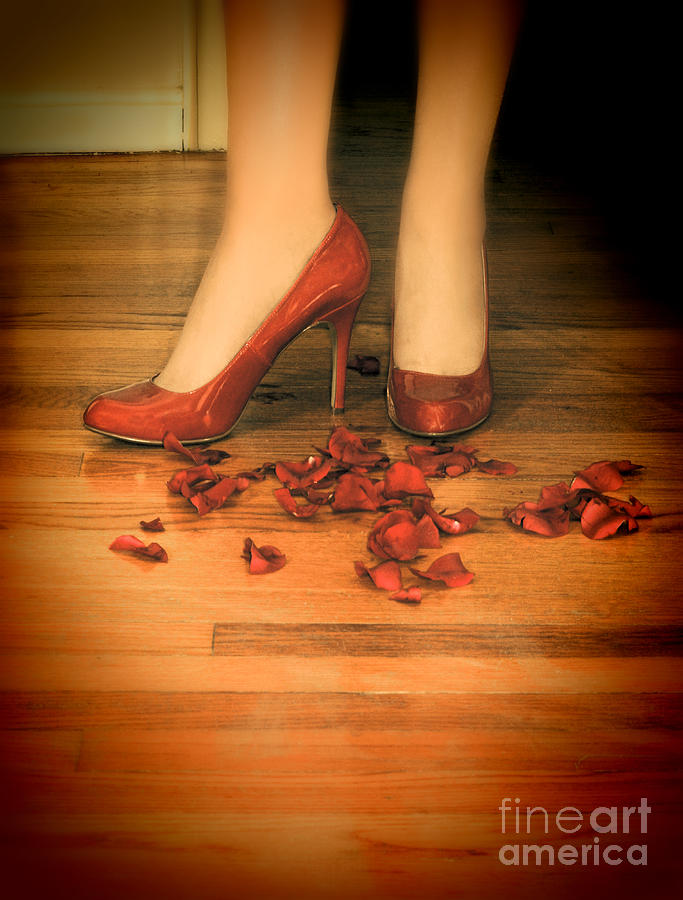 Woman in Red Shoes Standing on Rose Petals Photograph by Jill Battaglia