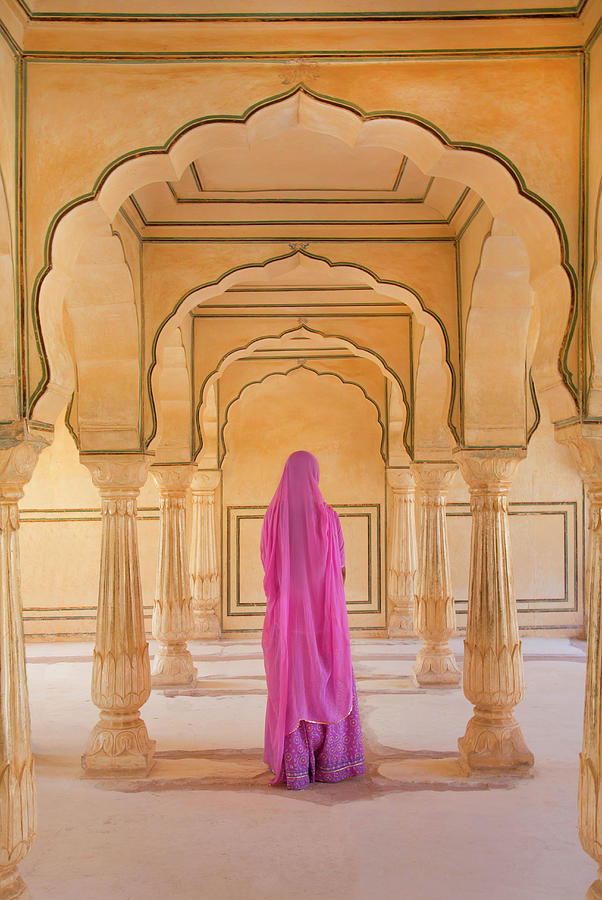 Woman In Sari At Amber Fort Photograph by Grant Faint