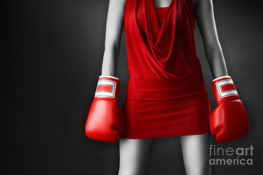 Woman in sexy red dress wearing boxing gloves Photograph by Maxim Images Exquisite Prints
