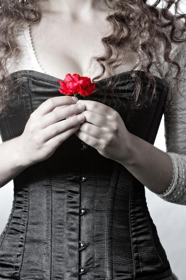 Woman in Victorian corset holding rose Photograph by Anna Gorin