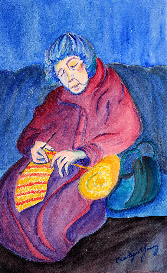 Woman Knitting on the Subway Painting by Asha Carolyn Young