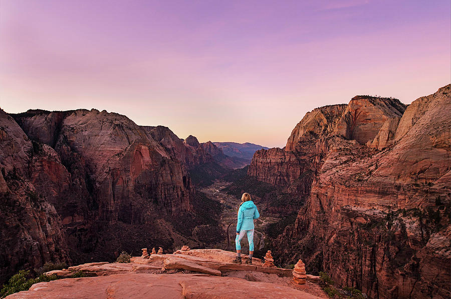 Zion National Park Photograph - Woman Looking At View From Angels by Brandon Huttenlocher