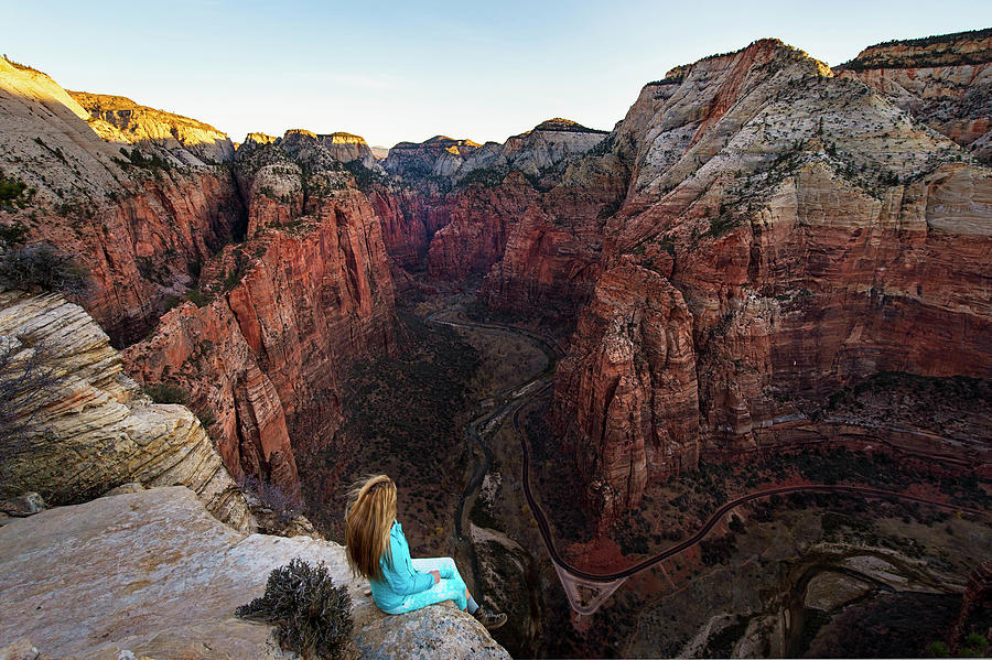 Zion National Park Photograph - Woman Looking At View Of Canyon by Brandon Huttenlocher