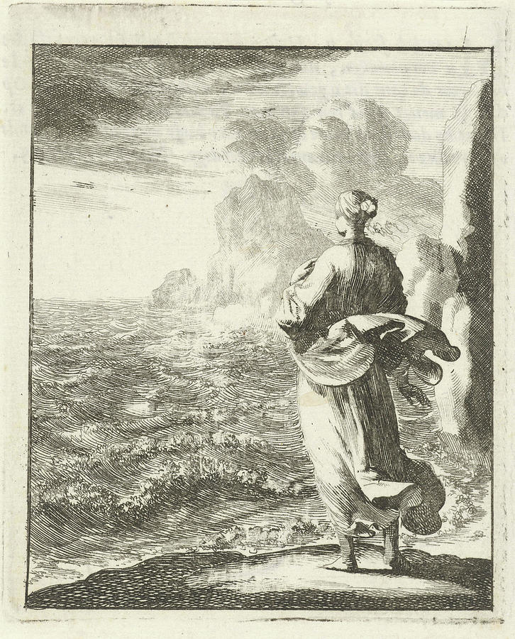 Woman Looking From The Shore Out To Sea, Jan Luyken Drawing by Quint ...