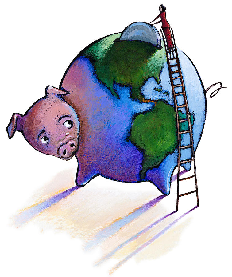 Woman on ladder dropping coin into globe-shaped piggy bank Drawing by Stockbyte