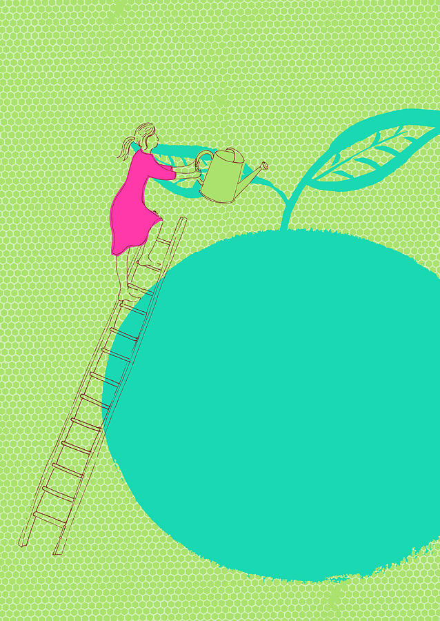 Woman On Ladder Watering Large Apple Photograph by Ikon Ikon Images