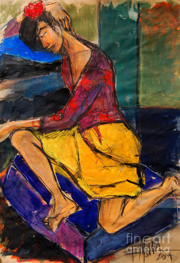 Woman on purple pillow - Pia #3 - figure series Mixed Media by Mona Edulesco