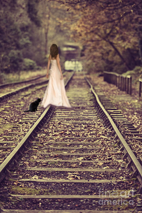 Fall Photograph - Woman On Railway Line by Amanda Elwell