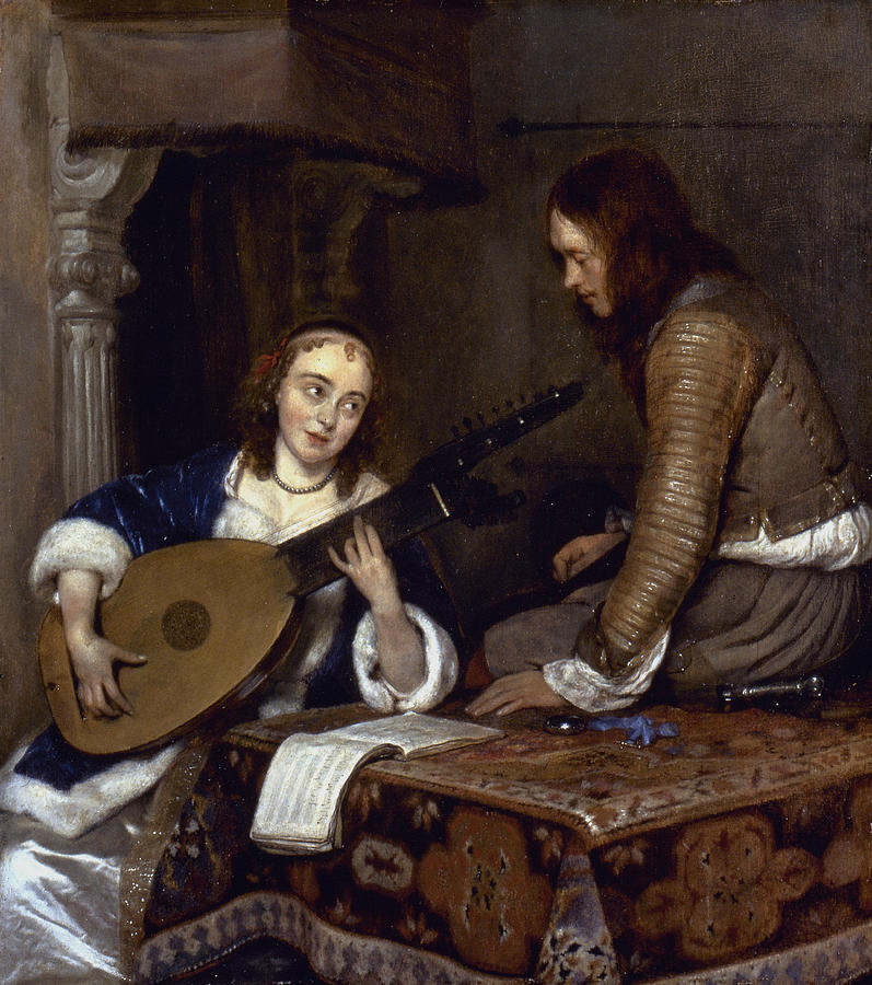 Woman Playing A Theorbo Painting by Granger
