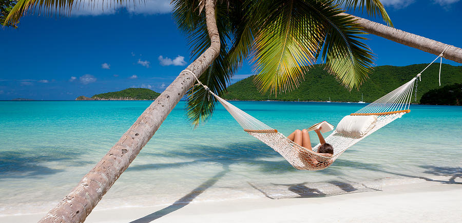 woman reading a book in hammock at the Caribbean beach Photograph by Cdwheatley