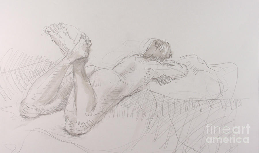 Nude Drawing - Woman reclining with crossed feet by Andy Gordon