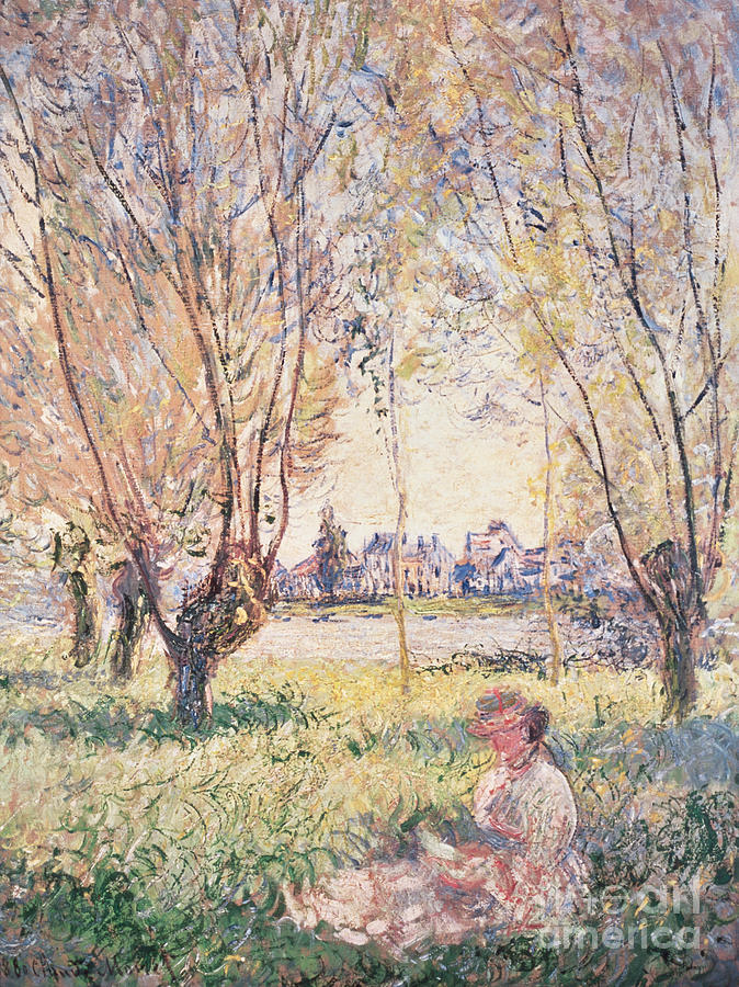 Woman seated under the Willows Painting by Claude Monet