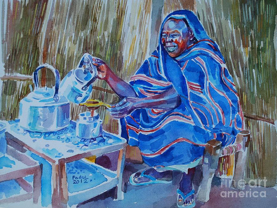 Woman selling tea Painting by Mohamed Fadul