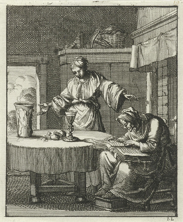 Woman Standing At A Table Where An Old Woman Studying Drawing by Quint ...
