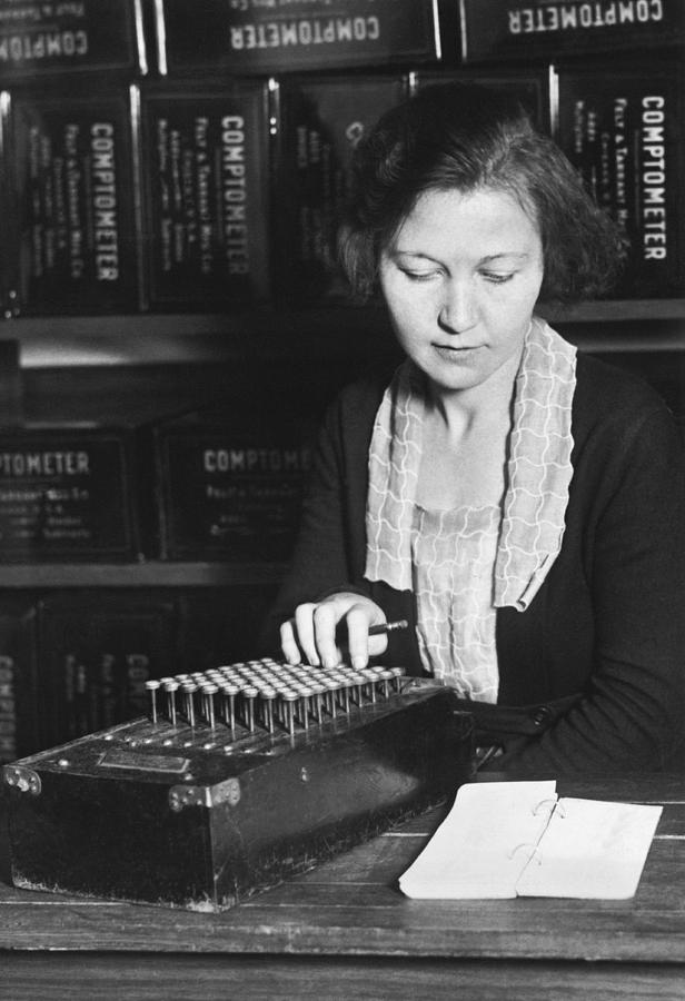 1890's Photograph - Woman Using A Comptometer by Underwood Archives 1890's Photograph - Woman Using A Comptometer by Underwood Archives