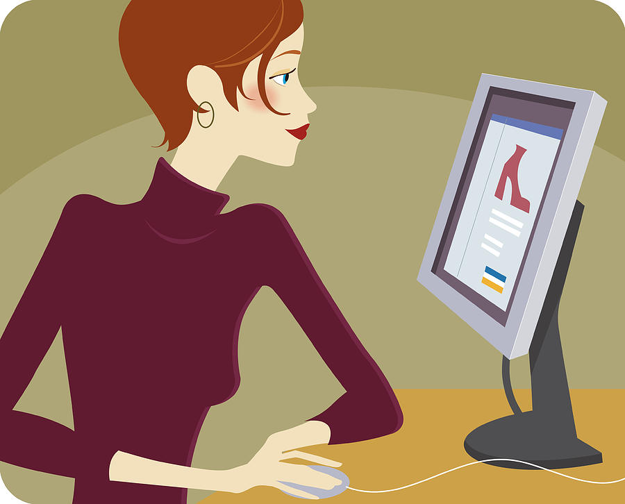 Woman viewing shoes on computer Drawing by McMillan Digital Art