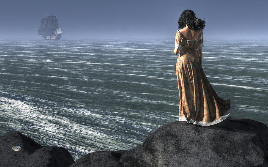 Boat Digital Art - Woman Watching a Ship Sailing Away by Daniel Eskridge