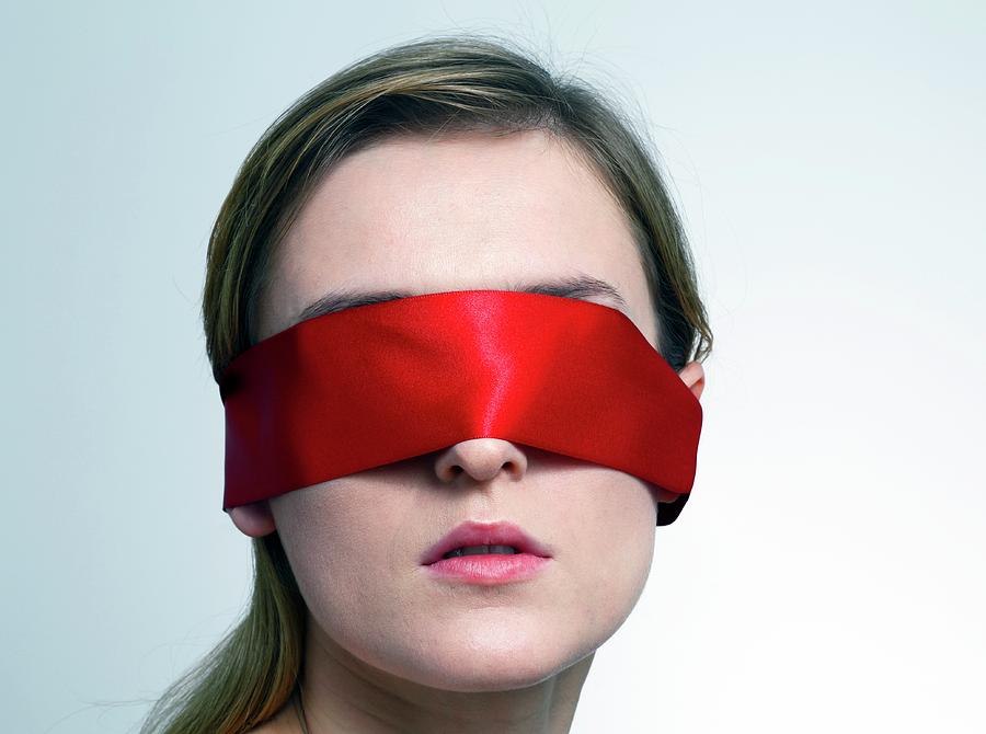 Woman Wearing Red Blindfold #1 Photograph by Victor De Schwanberg