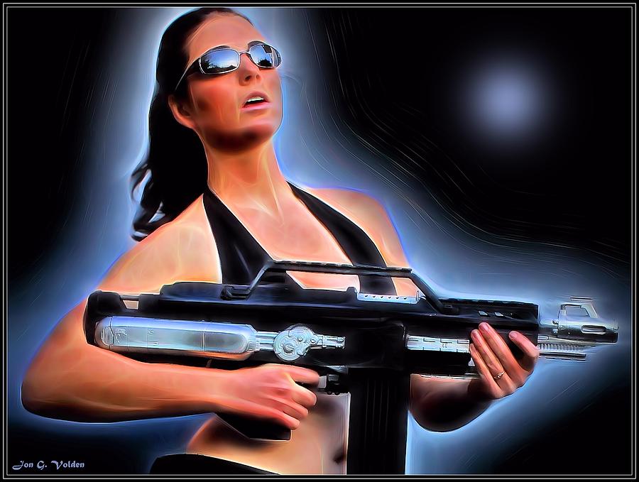 Woman With A Laser Rifle Painting by Jon Volden