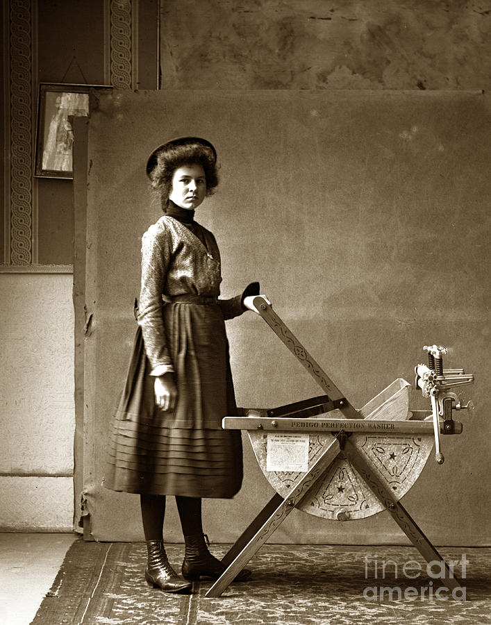 Vintage Photograph - Woman with a Pedigo Perfection Washing Machine circa 1900 by Monterey County Historical Society