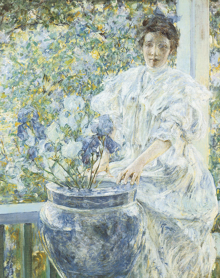 Flower Painting - Woman with a Vase of Irises by Robert Reid