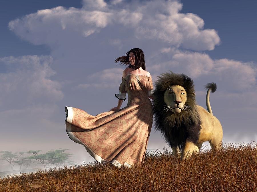 Woman With African Lion Digital Art