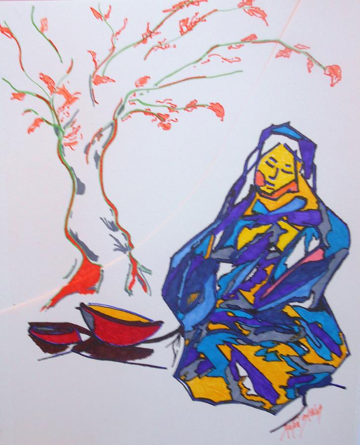 Blue Drawing - Woman with Bowls by Helen Rojas