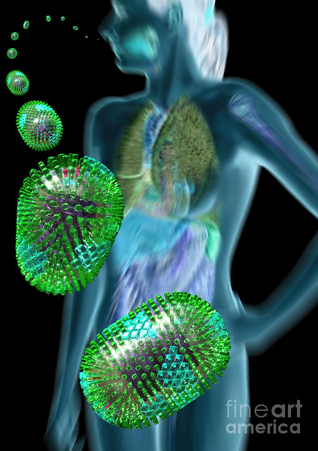 Woman with Flu Viruses Digital Art by Russell Kightley