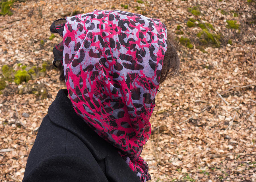 Woman with headscarf in the forest - quirky and surreal Photograph by Matthias Hauser