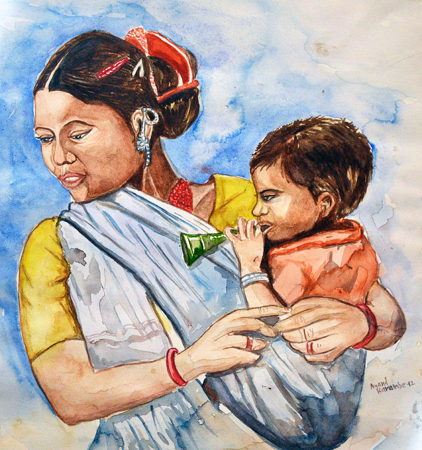 Woman With Kid Painting by Anand Karambe
