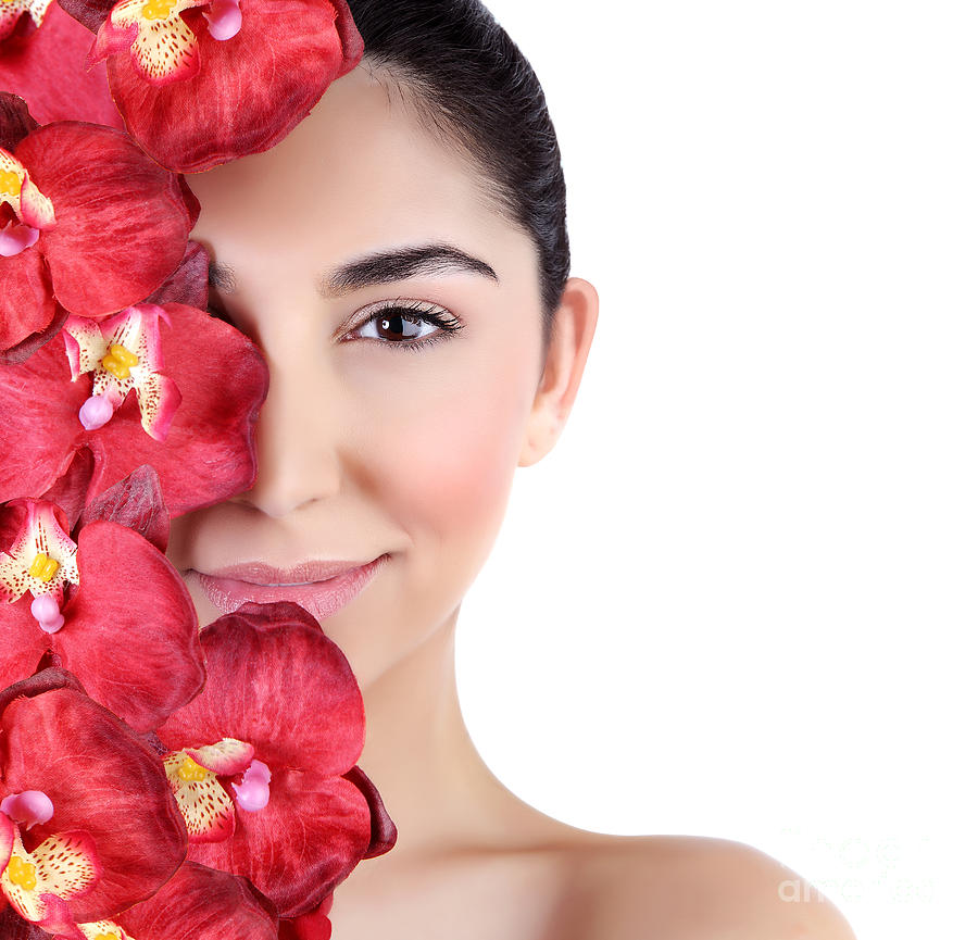 Woman with orchid flowers on face Photograph by Anna Om