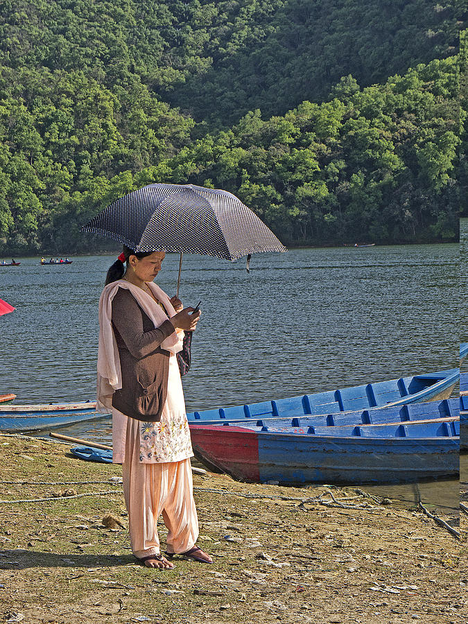 Woman With Parasol Next To Lake In Pokhara Photograph