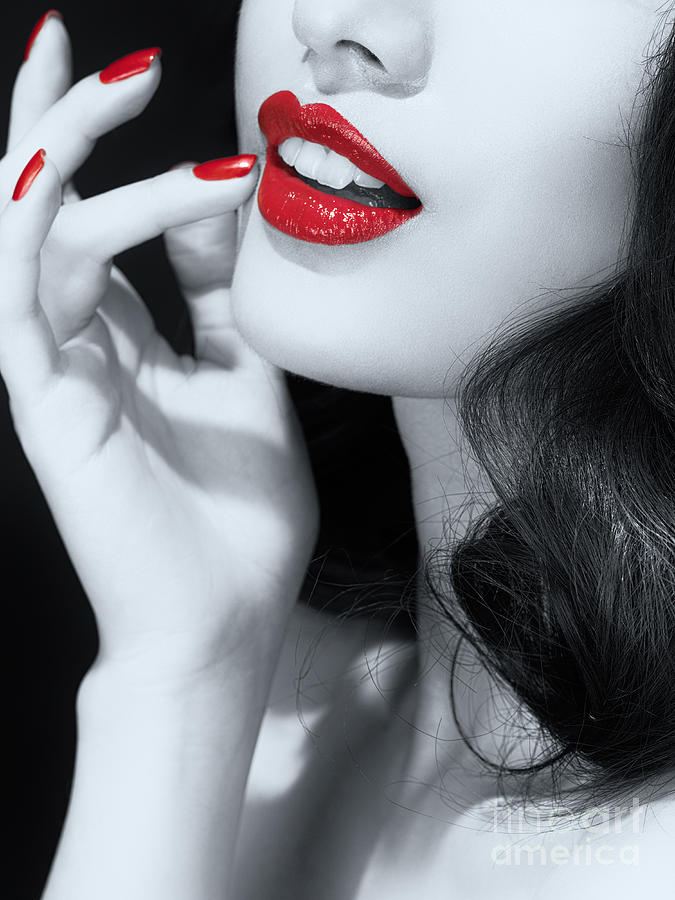 Woman with red lipstick closeup of sensual mouth Black and white Photograph by Maxim Images Exquisite Prints