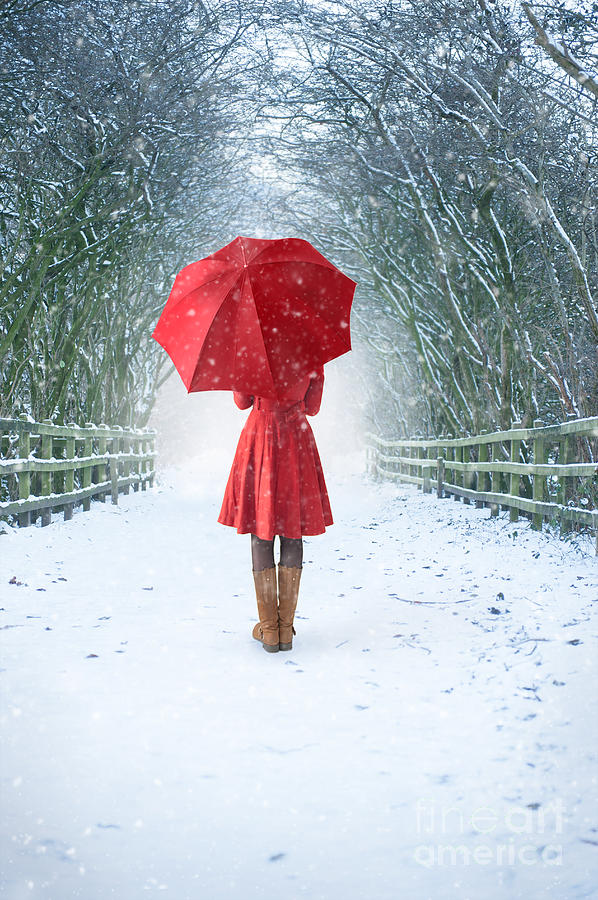 Woman With Red Umbrella In Snow Photograph by Lee Avison