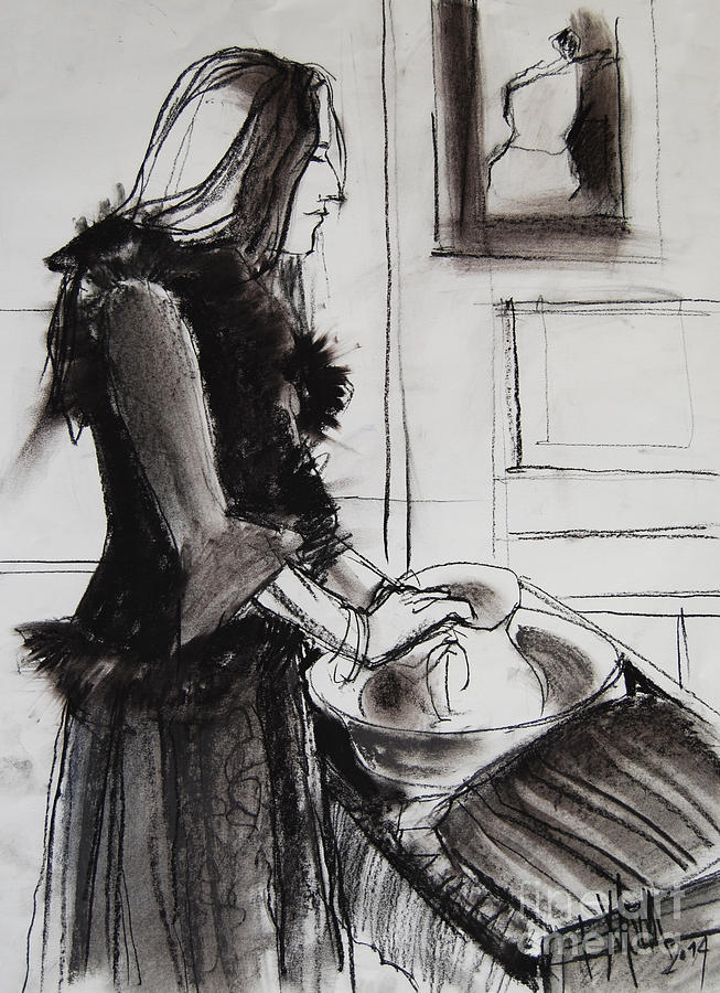 Vase Drawing - Woman with small pitcher - model #6 - figure series by Mona Edulesco
