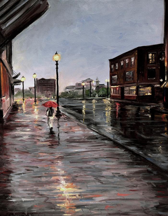 Boston Painting - Woman with the red umbrella by Karen Strangfeld