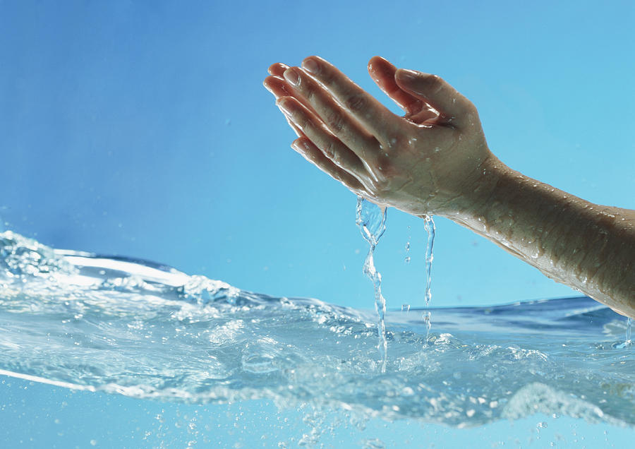 Womans hands cupped and dripping above water surface, side view Photograph by Dominique Douieb