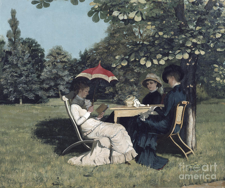 Women around the garden table Painting by Andrea Gram