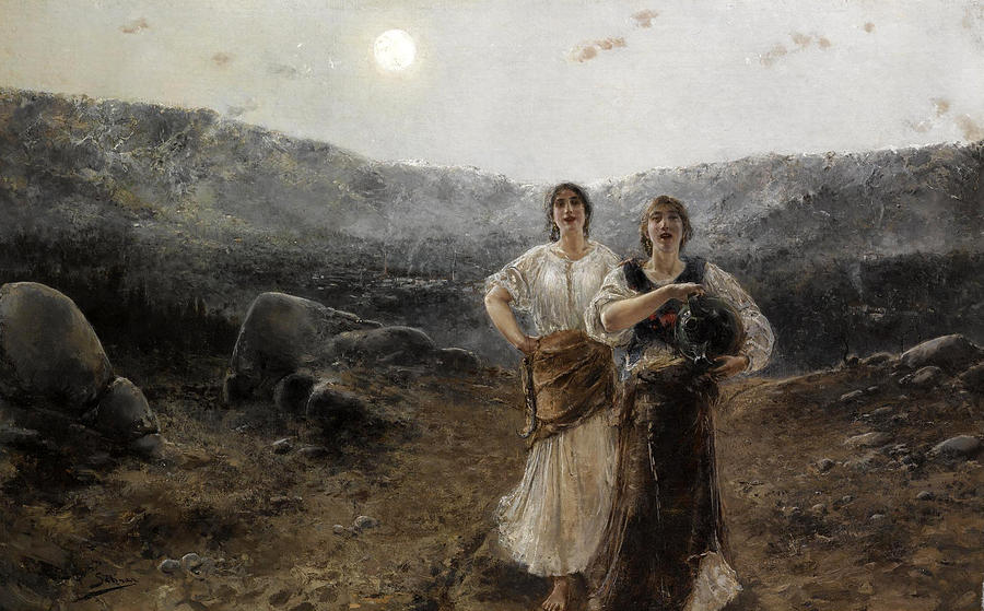 Beautiful Painting - Women by Moonlight by Agustin Salinas y Teruel
