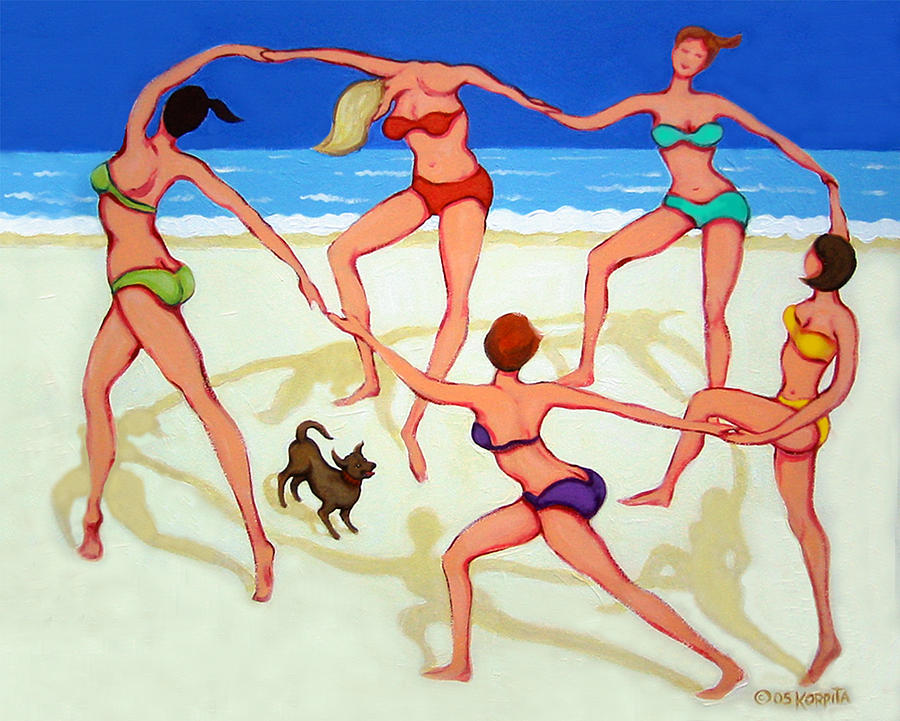 Women Dancing on Beach - Happy Dance Painting by Rebecca Korpita