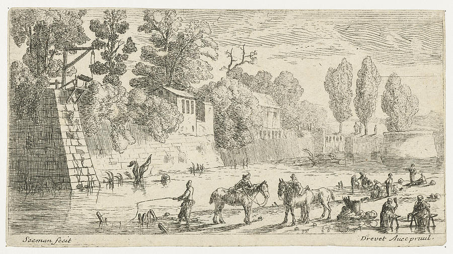 Horse Drawing - Women Do Laundry At A Canal, Anonymous, Pierre Drevet by Anonymous And Pierre Drevet