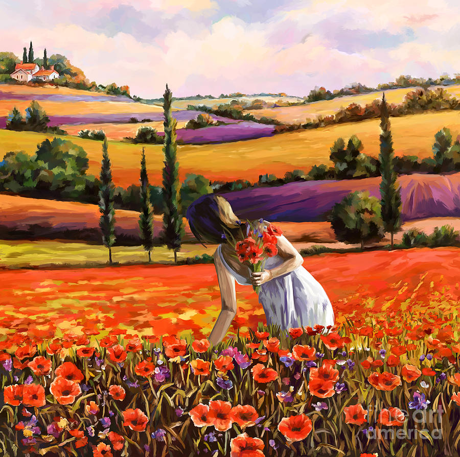 Women gathering poppies in tuscan Painting by Tim Gilliland
