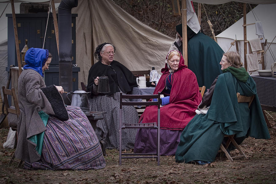Women Reenactors chatting in a Civil War Camp Photograph by Randall Nyhof