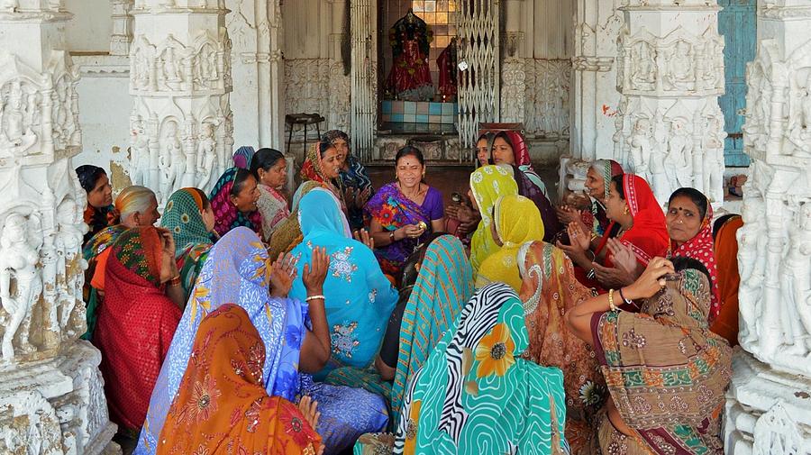 Women Singing Devotionals at a Temple - Omkareshwar India Photograph by Kim Bemis