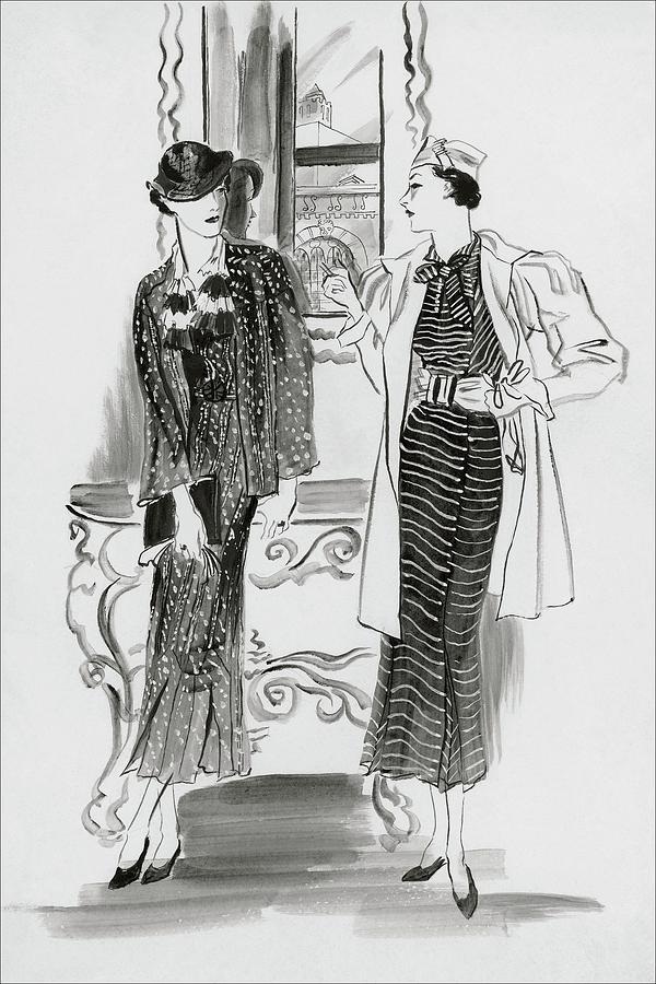 Women Wearing Patterned Dresses Digital Art by Rene Bouet-Willaumez