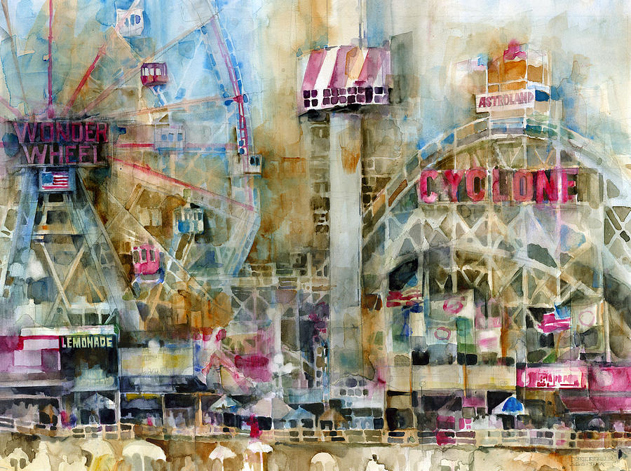 Ferris Wheel Painting - Wonder Wheel and Cyclone at Coney Island by Dorrie Rifkin